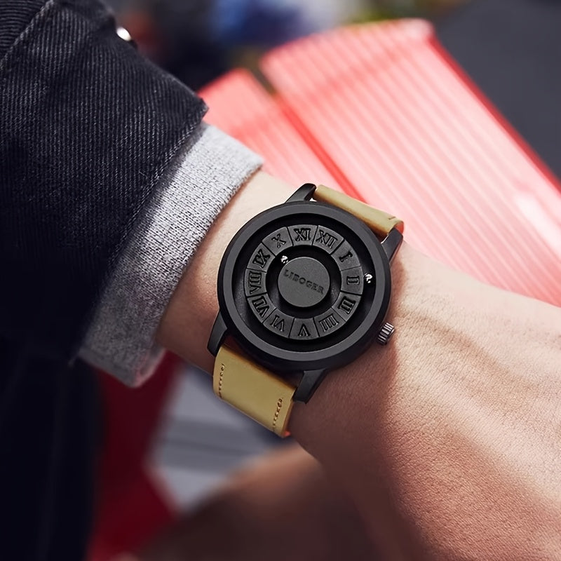 Vintage Magnetic Steel Ball Hand Men'S Watch High Quality Touch to Read Time New Design Faux Leather Strap Business Man Quartz Wristwatch for Male