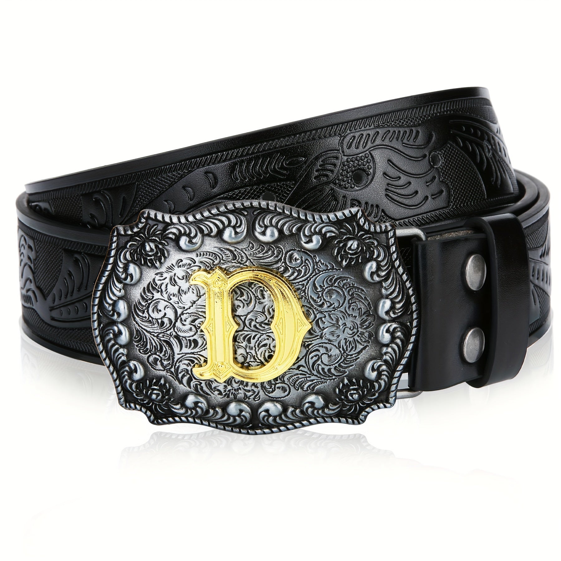 Mens Western Cowboy Cowgirl Embossed Floral Faux Leather Belt - Longhorn Bull Pattern Letter Big Buckle Belt - Stylish, Durable, Belts For Men