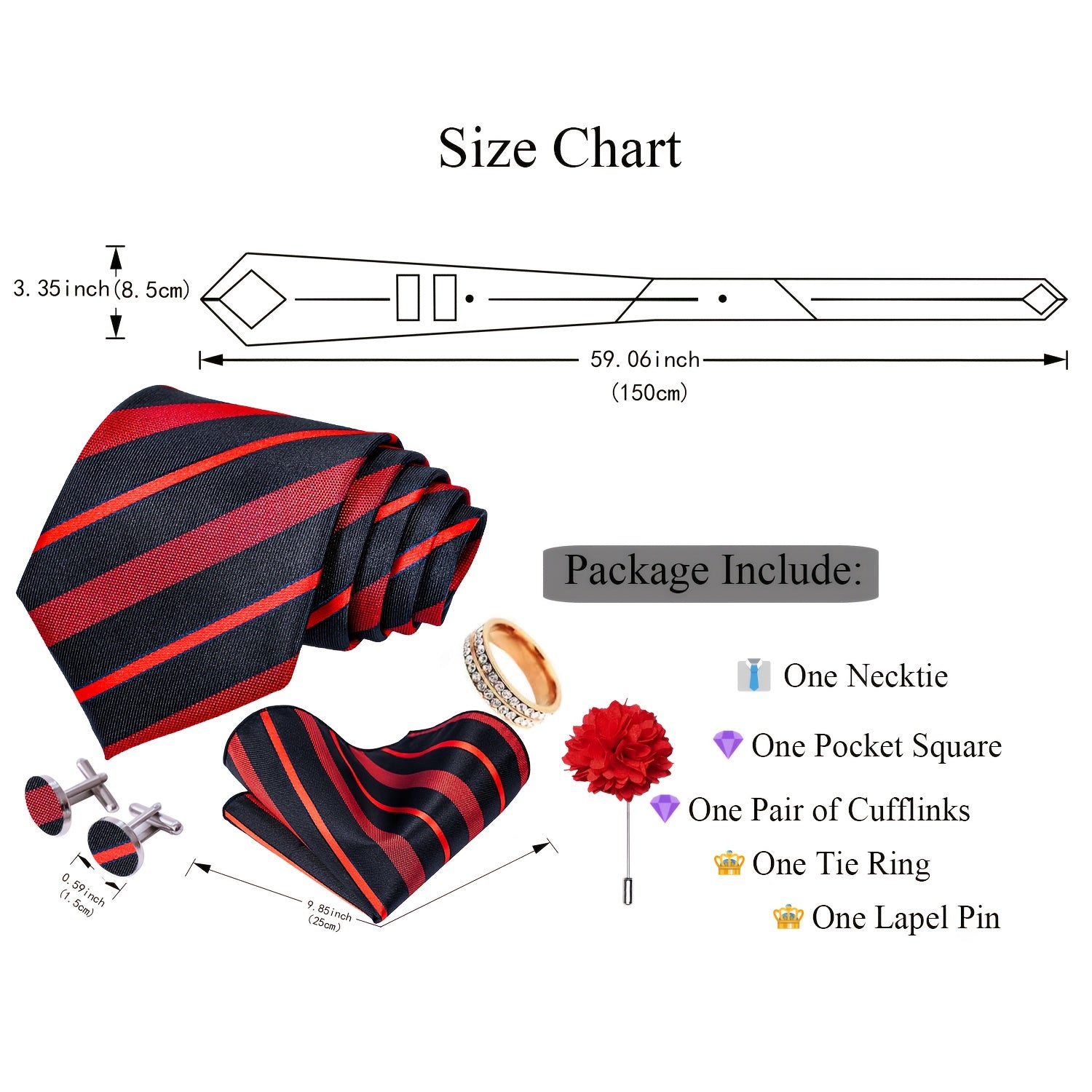 5pcs Set Men's Luxury Wedding & Business Accessory Kit - 2400-Thread Count Necktie, Pocket Square, Cufflinks, Lapel Pin & Tie Ring Set for Groom, Prom, Parties - Elegant Gift for Professional or Special Occasions (Complete Matching Set)