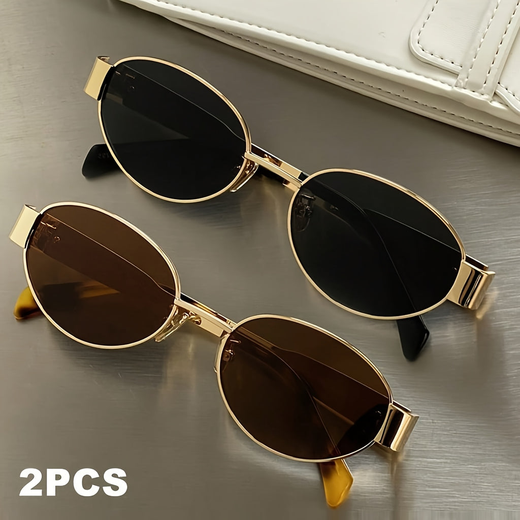 2pcs Retro Oval Metal Frame Fashion Glasses, Fashionable Design for Men And Women, Suitable for Daily Use, Travel And Beach