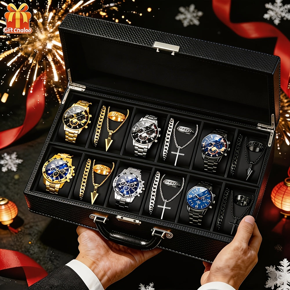 12pcs/Set, Mens Watches for Men, 3pcs Fashion Mens Watches Multi Color Combination Quartz Men Watches Sets Analog Alloy Watch Sets & 9pcs Mens Fashion Hip-Hop Bracelet+Necklace+Ring Mens Jewelry Sets - Christmas, Halloween Gift, Reloj Para Hombre