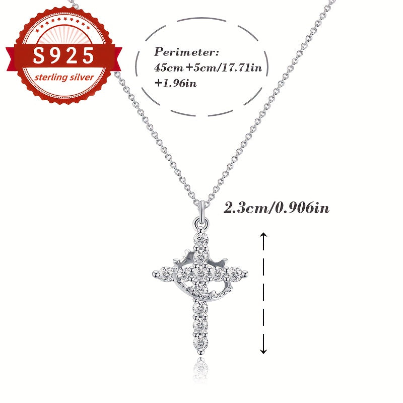 [Vacation, Banquet] 1pc, S925 Silver Cross Crown Necklace, Women's Fashion Pendant Necklace, Vintage Luxury, Suitable for Women's Daily Wear, Vacation, And Banquet Occasions, Hypoallergenic, Total Weight of The Product (2.85G)