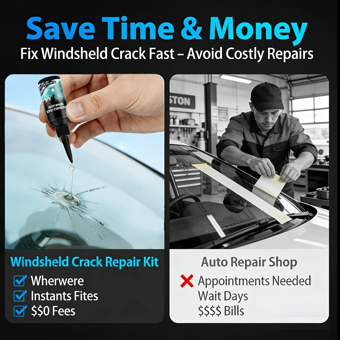 Windshield Crack Repair: Fix Bullseye and Star Cracks in Just 15 Minutes! Save Over $200 Compared to Replacement. Portable, Uses Adhesive for a Clear View, and Can Repair Deep Cracks Without Professional Equipment, Delivering Quick Results