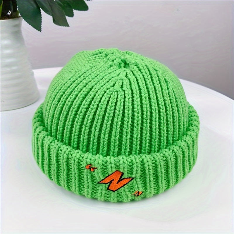 Men's Winter Warm Knit Beanie Cap - Basic Style, Machine Washable, Polyester Fiber Embroidery, Unisex Fashion Roll-Up Cuff