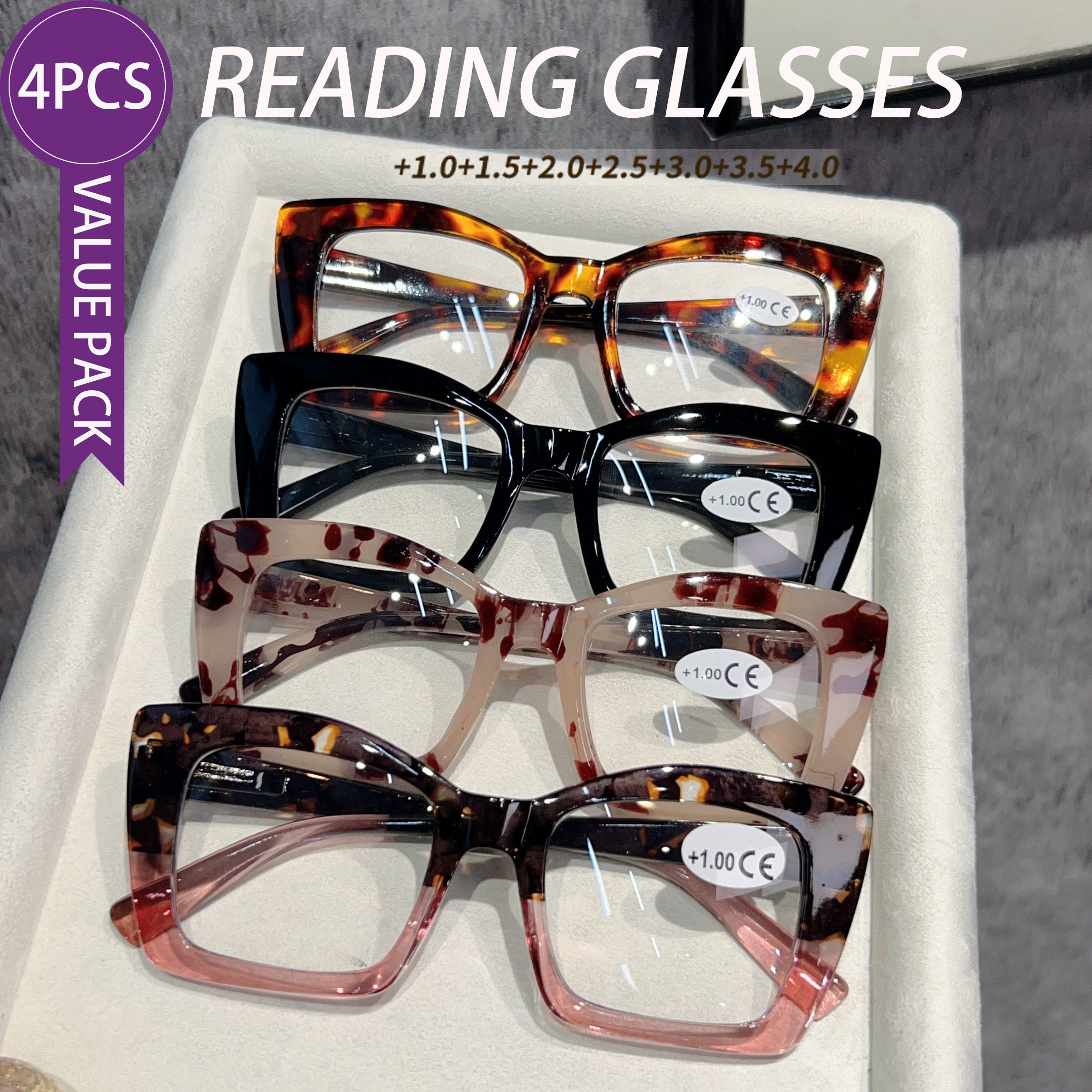 2025 New Arrival: 4 Pairs Of Value-for-Money Reading Glasses Stylish Reading Glasses For Men And Women Cat-eye Oversized Frames In European And American Fashion Styles Featuring Sturdy Spring Hinges No Batteries Required