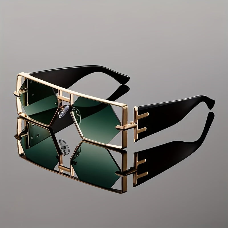 Unisex Oversized Hollow Square Sunglasses, Protection & Metal Frame, Trendy Exaggerated PC Lens Sunglasses, Beach Vacation Travel Essential, Includes Protection Case, Summer Fashion Accessories, Lightweight Durable Eyewear