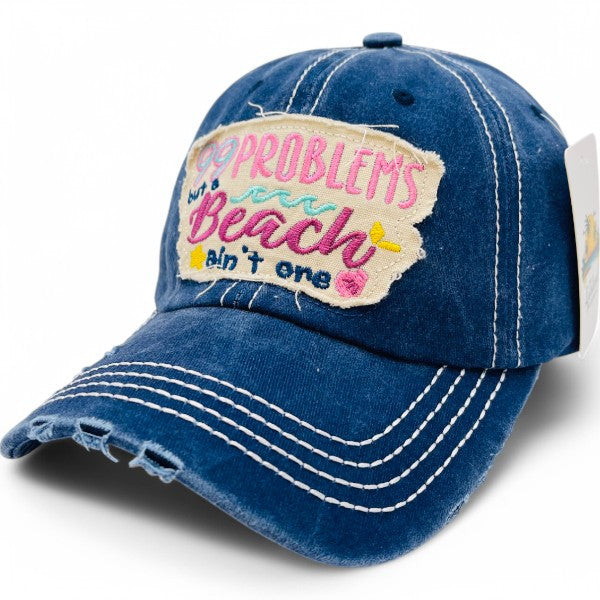99 Problems But Beach ain't one Vintage Distressed Embroidered Baseball Cap For Women - 100% Cotton, Breathable, Casual, Adjustable, UV Protection