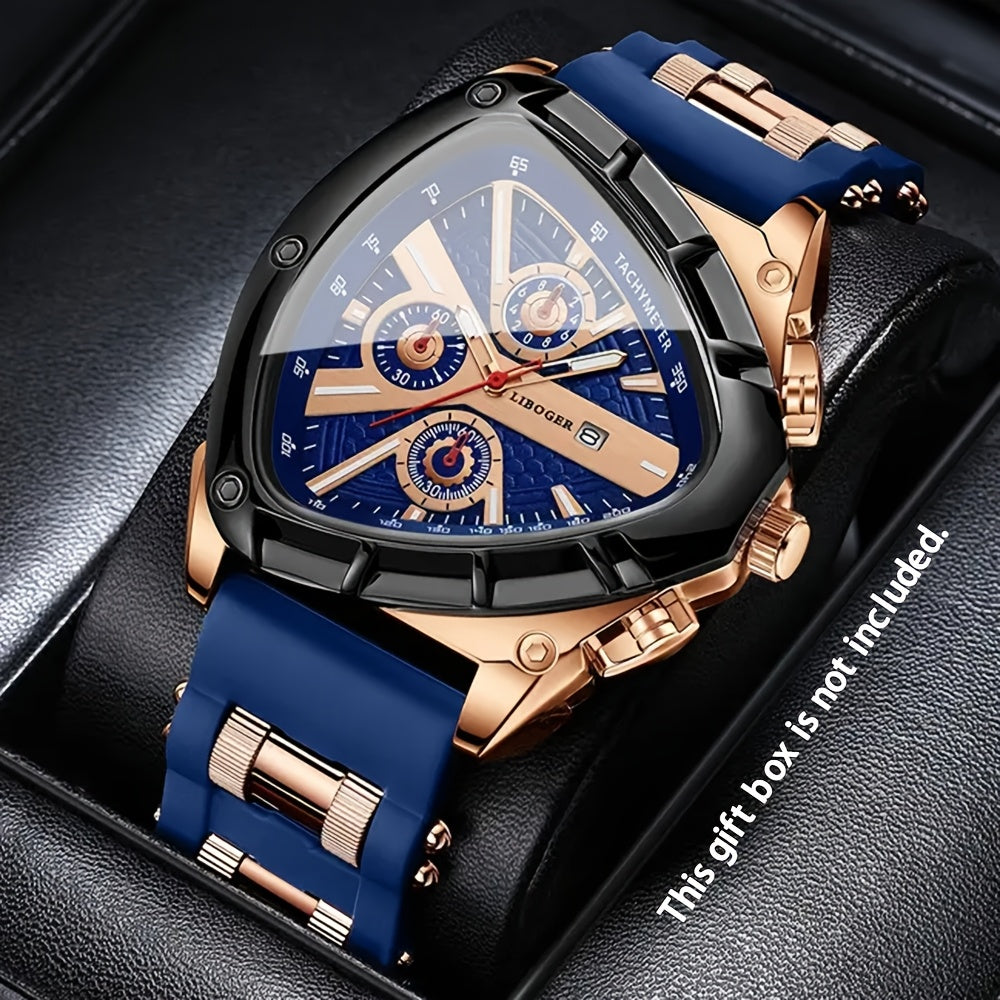 3pcs/set Fashion Quartz Watches For Men, Silicone Strap And Date Display Men Watches, Classic Triangular Dial Design Mens Watch For Casual And Sporty Wear Suitable For Any Occasion, Ideal Choice For Gifts Wrist Watch Reloj Para Hombre.