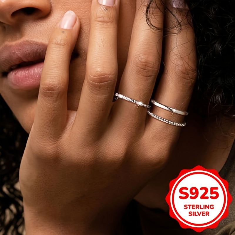 3pcs Set 925 Sterling Silver Rings for Women - Elegant, Stackable, 1g with Cubic, April Birthstone, Perfect for Daily & Party Wear