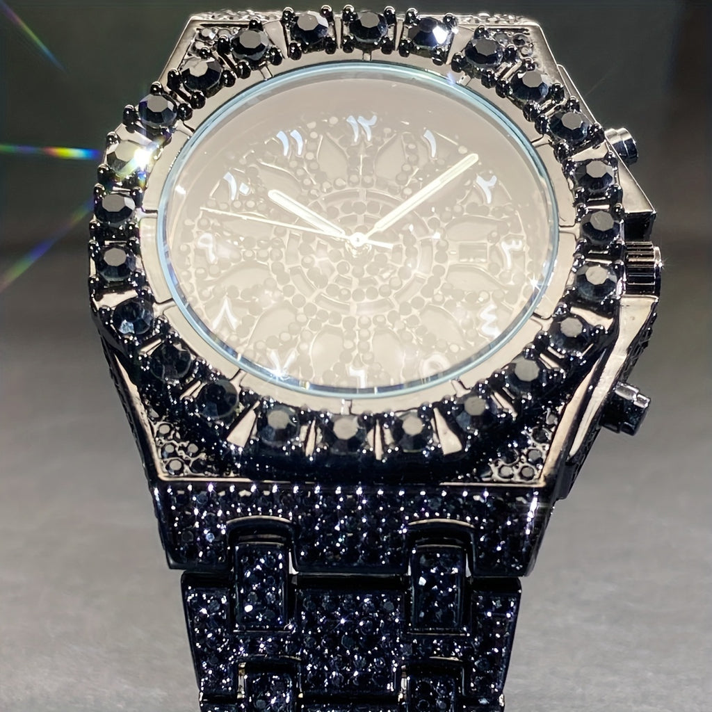 Men'S Hip-Hop Timepiece, Social Event Watch for Men, Big Face Green Ice Faux Faux Gemstone, Glow-In-The-Dark Hands Clock, Luxury Gift for Men