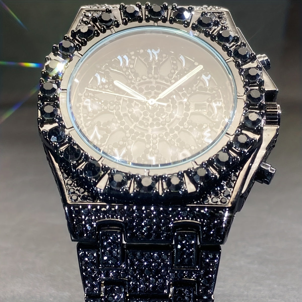 Men'S Hip-Hop Timepiece, Social Event Watch for Men, Big Face Green Ice Faux Faux Gemstone, Glow-In-The-Dark Hands Clock, Luxury Gift for Men