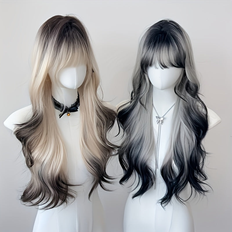 26-inch Women's Y2K Gradient Looking Wig with Bangs - Long Curly Waves ( to Ombre), Full Head Volume for Parties, Music Festivals & Daily Wear - European/American Style Hairpiece