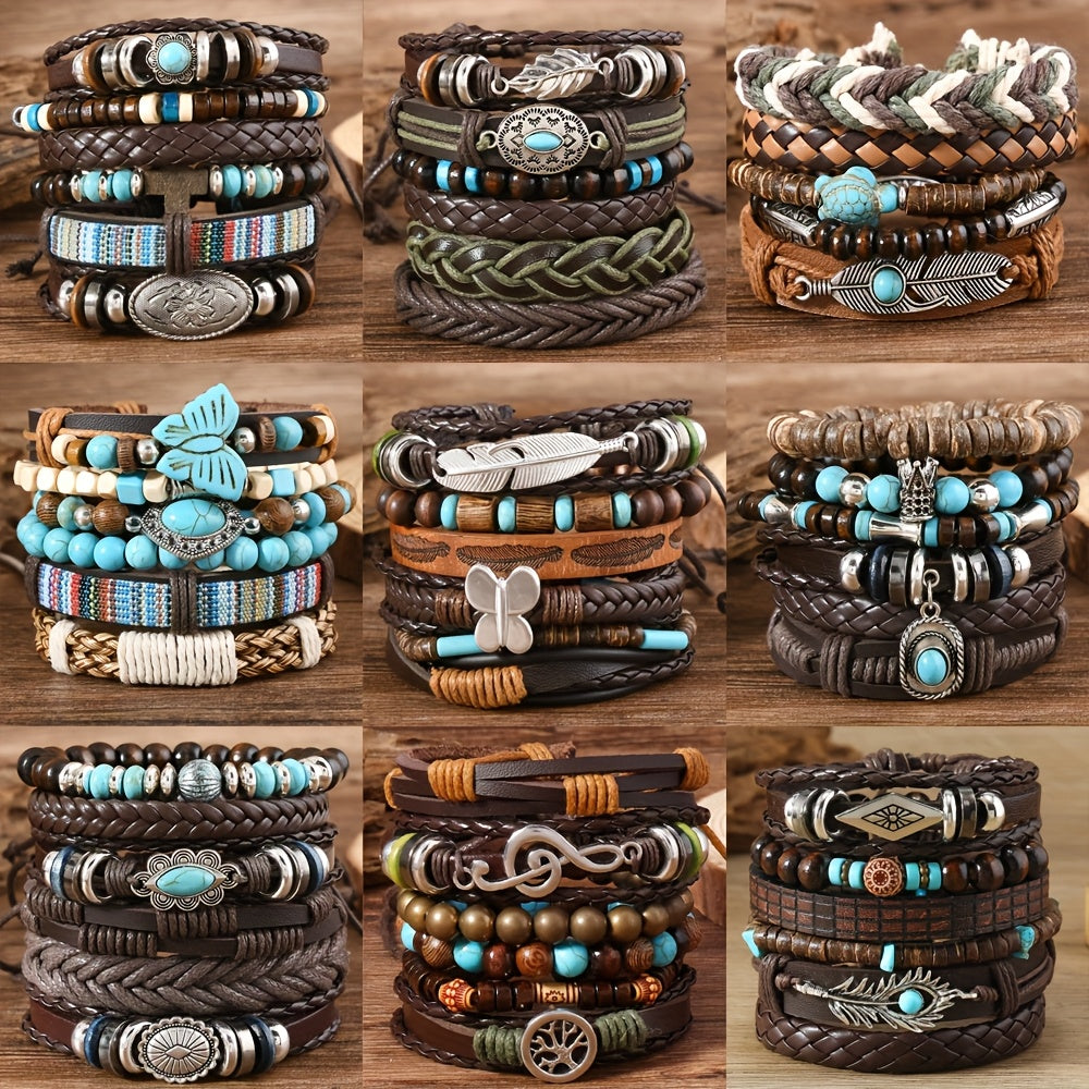 12/32/48pcs Mix Random Style Bohemian Vintage Western Pu Leather & Turquoise Beaded Bracelet Set, Multilayer Woven Faux Leather Bangle with Feather & Floral Charms, Unisex Fashion Jewelry for Women Men Daily Wear