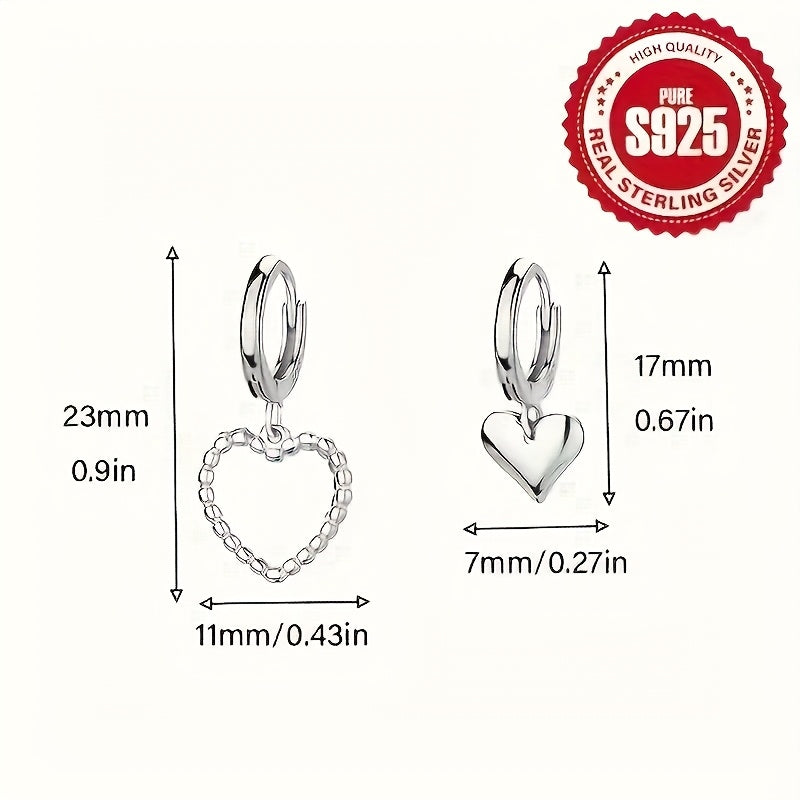 2 Pairs Chic S925 Sterling Silvery Heart-Shaped Dangle Earrings - Hypoallergenic, Perfect Gift For Her, Everyday & Party Wear