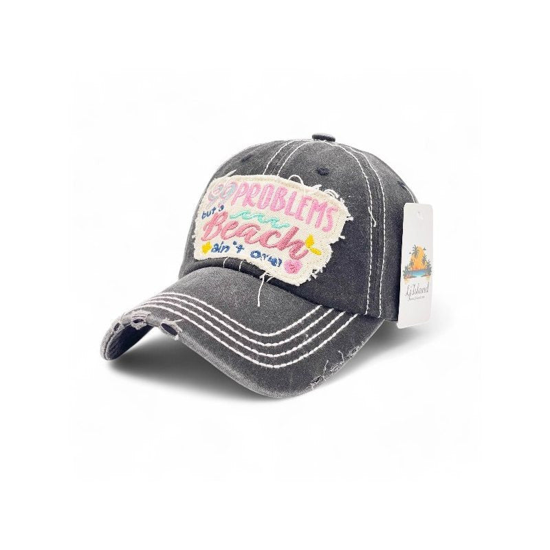 99 Problems But Beach ain't one Vintage Distressed Embroidered Baseball Cap For Women - 100% Cotton, Breathable, Casual, Adjustable, UV Protection