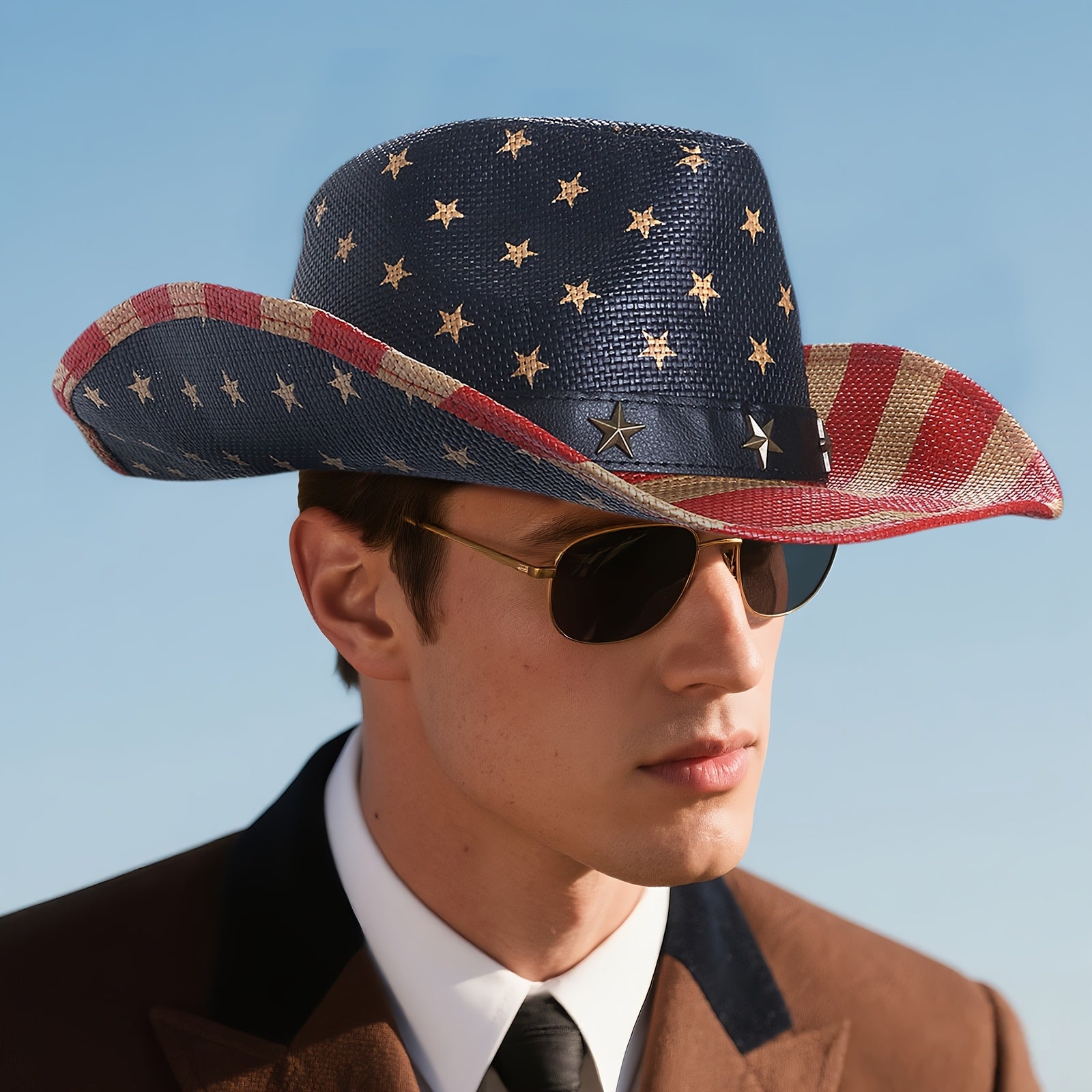 [Western Cowboy Hat] American Flag Wide Curved Brim Western Hat Equestrian Riding Jazz Cowboy Cowgirl Straw Hat