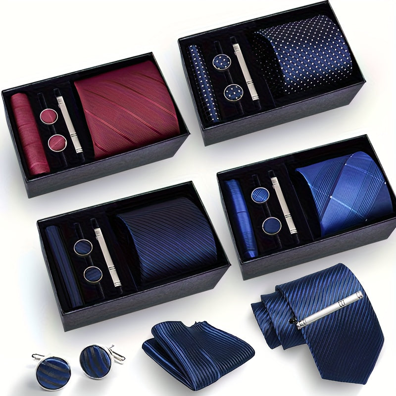 An Essential Purchase for Father'S Day! This Elegant Men'S Tie Set Includes 5pcs: a Tie, Pocket Square, Cufflinks, And a Tie Clip, Perfect for Weddings And Business Events, All Presented in a Chic Gift Box