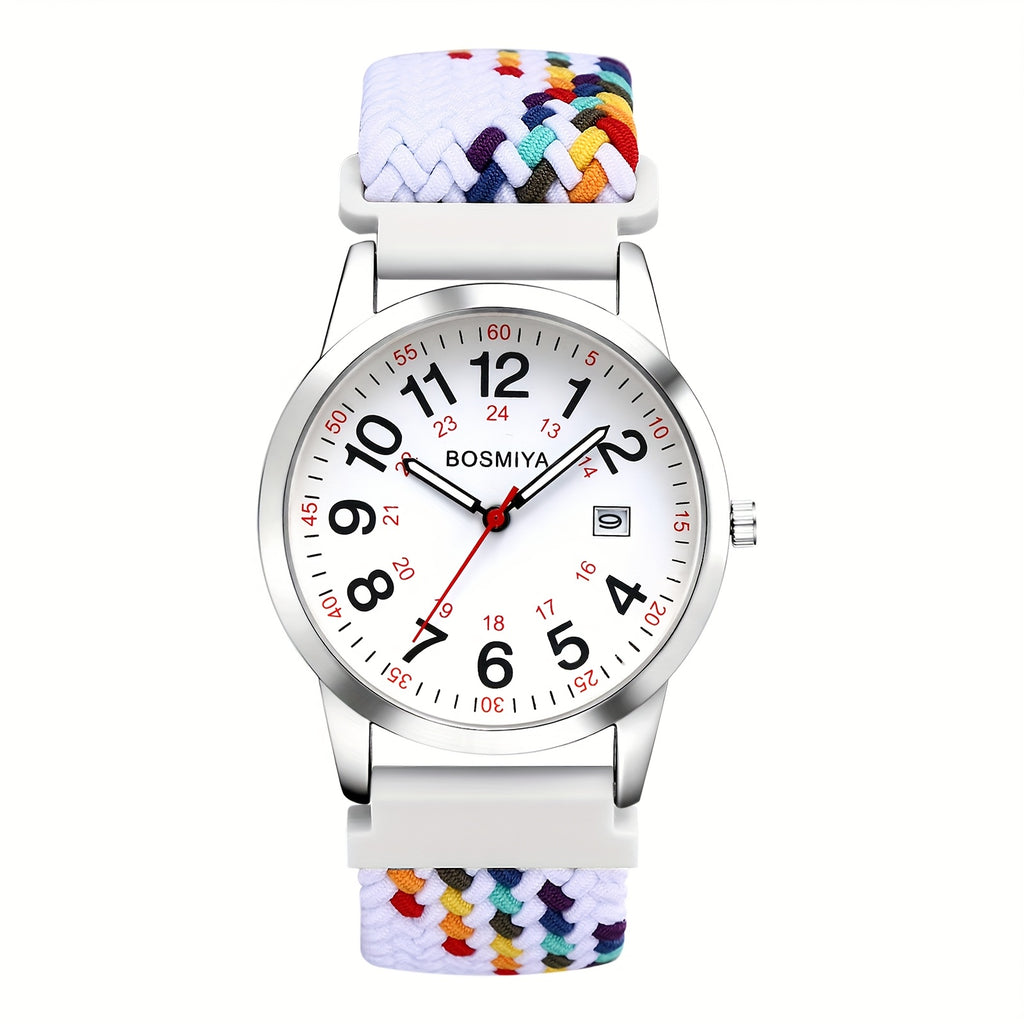 Analog Quartz High Definition Easy to Read Large Digital Calendar Dial Flexible Adjustable Elastic Braid Strap 24 Hours Standard Quartz Watch