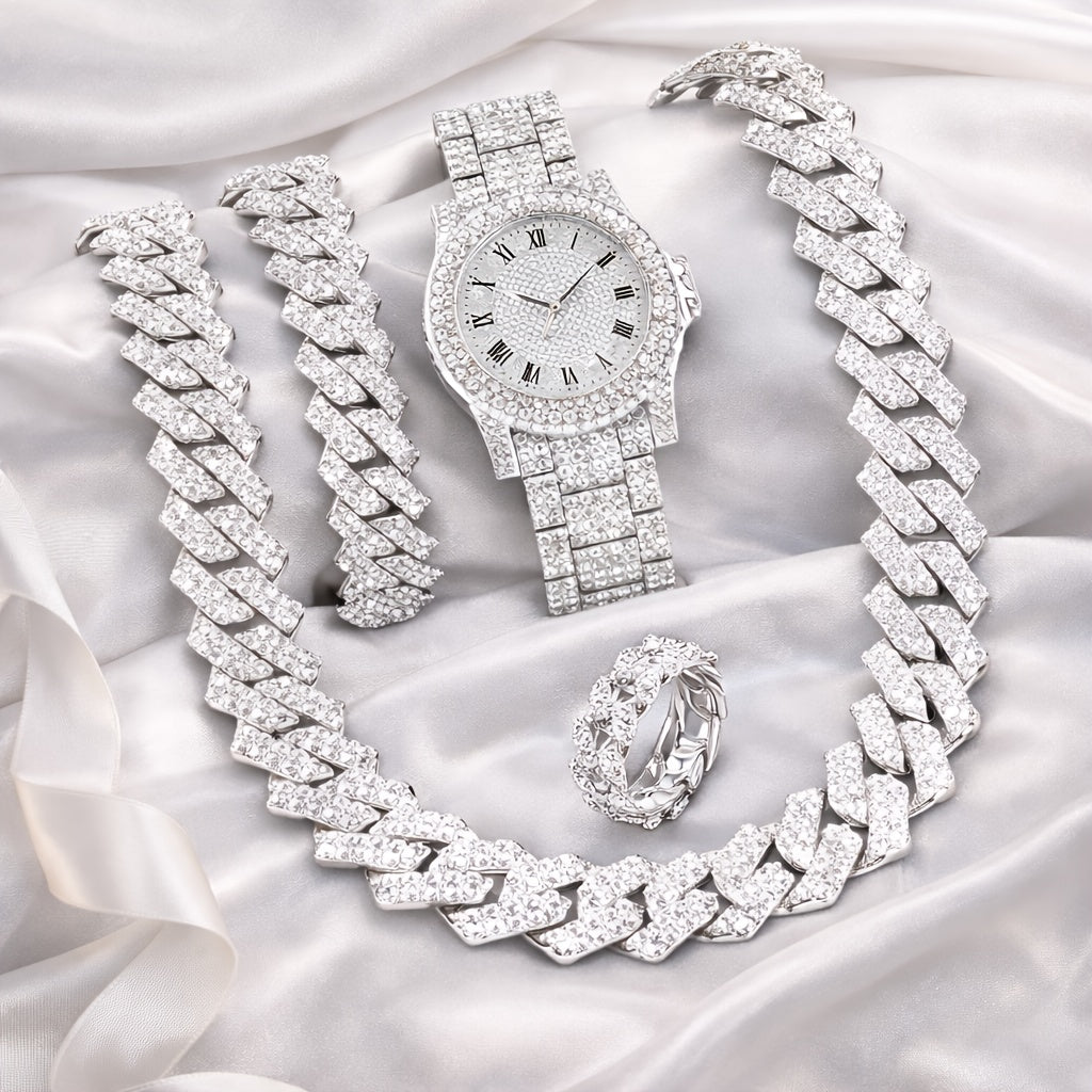 Luxury Cuban Link Bracech & Watch Gift Set: The Essential Statement Piece for Parties, Concerts and Celebrations | The Ultimate Gift for Him for Christmas, Valentine's Day, Birthday, New Year, Halloween, Thanksgiving and Anniversaries
