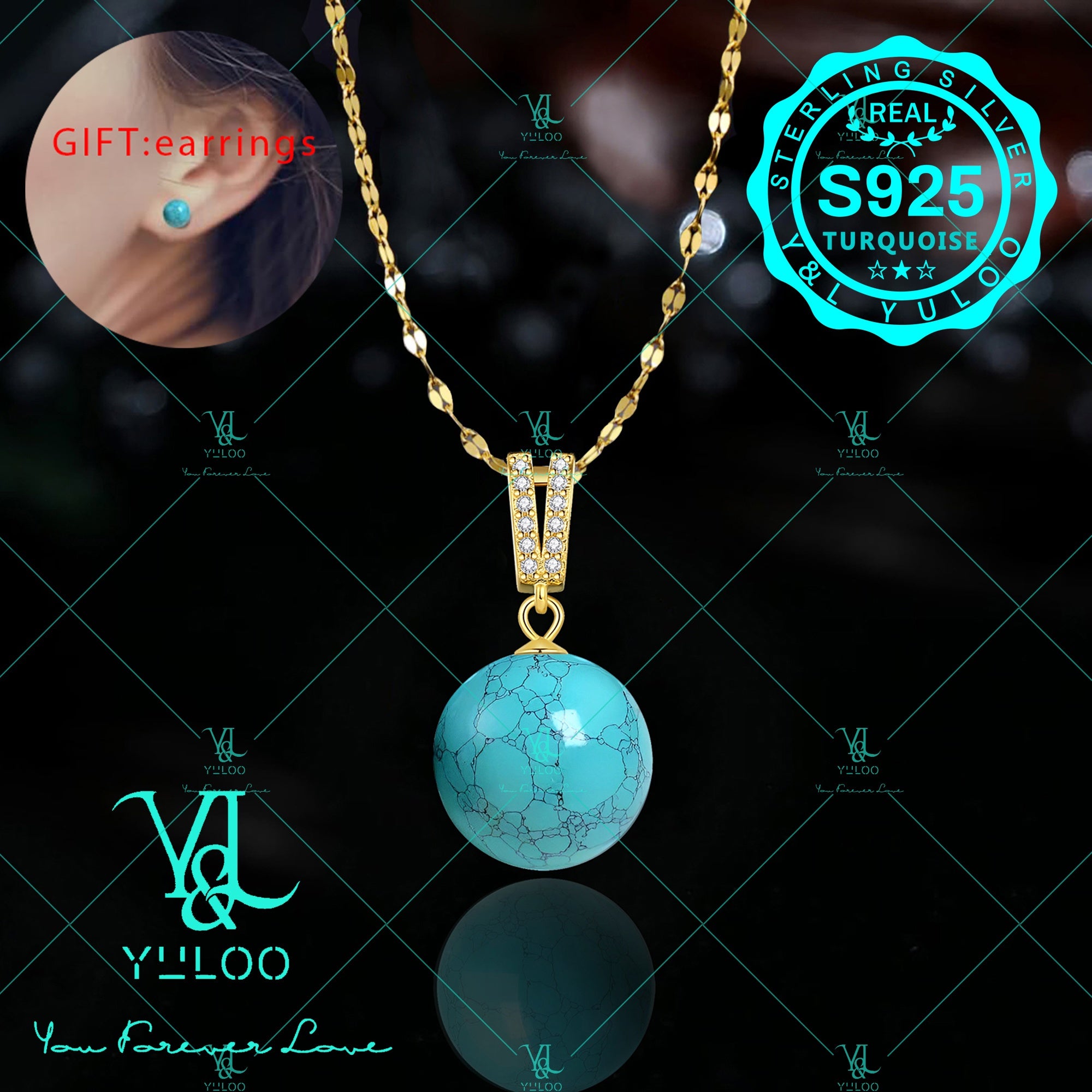 Sterling Silver S925 Natural Genuine Turquoise Pendant & Necklace 18+2 Inches, (Complimentary Pair Of Random Earrings)
