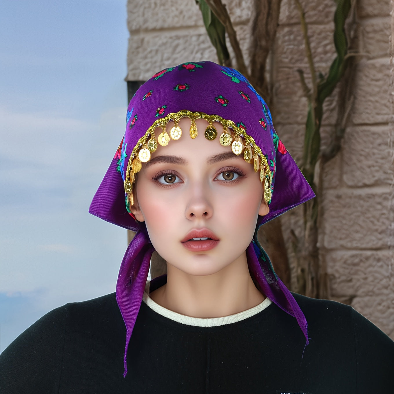 A Stylish Peony-Patterned Headscarf Complemented by Beautiful Golden Sequin Additions, Perfect for Casual Outings. It'S Lightweight, Breathable, And Protects Against Dust, Making It Ideal for Summer Wear