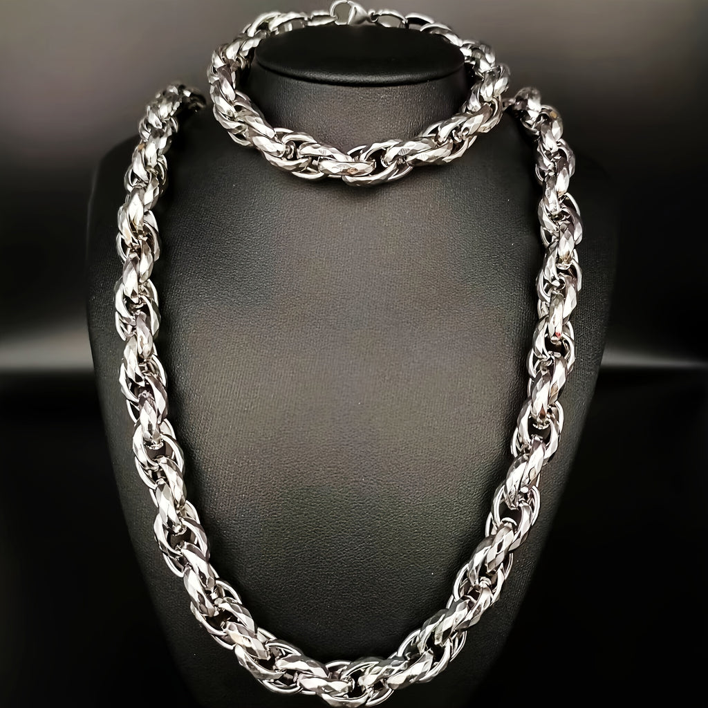 304 Stainless Steel 2pcs bracelet+necklace, Men's retro fashion hip-hop jewelry set as a gift for him