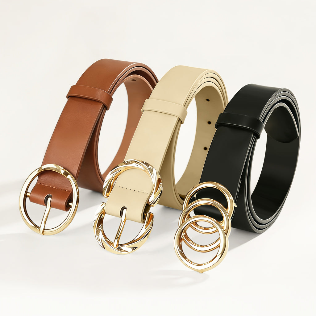 3pcs Set of Women'S Easy And Fashionable Versatile Belt, Jeans Dress Classic Belt, Three-Ring, Two-Ring And One-Ring Metal Buckle Design, Solid Color Elegant Belt, Daily Commuting Waist Additions, Multi-Functional