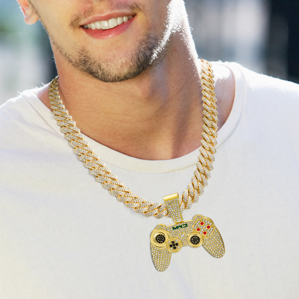 2pcs Fashionable Game Controller Pendant Necklace with Rhinestones - Men's Hip - Hop Cuban Chain, Ideal for Music Festivals, EDM Parties