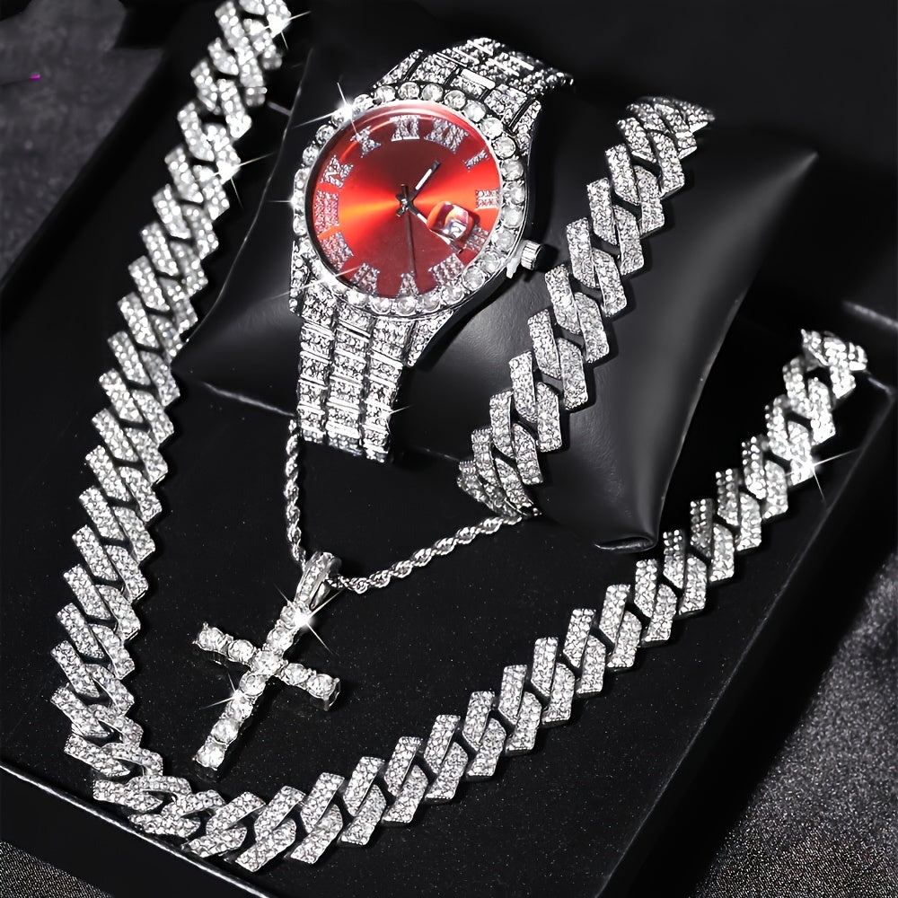 Luxury Cuban Link Jewelry Set: Necklace, Bracelet, Pendant Necklace, and Wristwatch Full Set - Ideal Gift for Holiday Celebrations, Valentine's Day, Christmas, and Birthdays