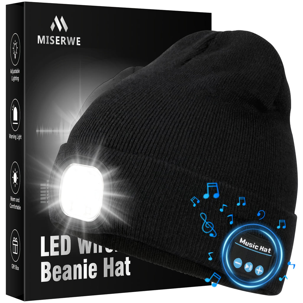 NIUPHIA LED Bean Hats with Lights, Knitted Hats, LED Light Illumination, Music Hats with Headphones, Warm Hats, Suitable for Outdoor Night Running And Night Fishing, Christmas Light Hats, Unique Christmas Birthday Gifts, Black for Men And Women