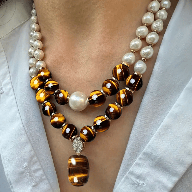 2pcs elegant and fashionable set necklace, natural tiger eye stone with freshwater Freshwater Pearls pendant necklace, best gift, Valentine's Day gift, suitable for daily life and party