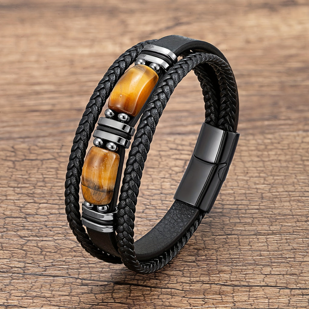 1pc Tiger Eye Stone Men'S Bracelet Natural Stone Protection Multilayer Braided Wristband Bangle Gifts For Him