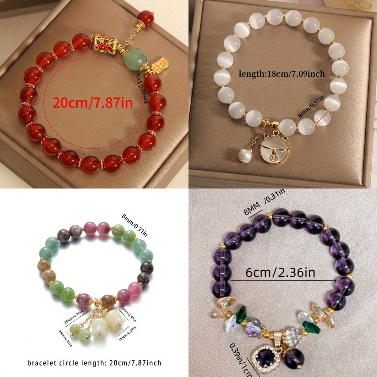 4pcs Elegant Natural Stone Bracelets - Amethyst Beads with CZ Cat Pendant - Lucky Boho Jewelry Gift for Women Men Couple Best Friend