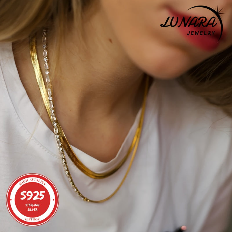 2D Flat - 24K Golden Plated Necklace, 925 Sterling Silver Necklaces, 3.5mm Herringbone Flat Snake Magic Chain Necklace For Women & Men With A Gift Box, Perfect Valentine'S Day Gift