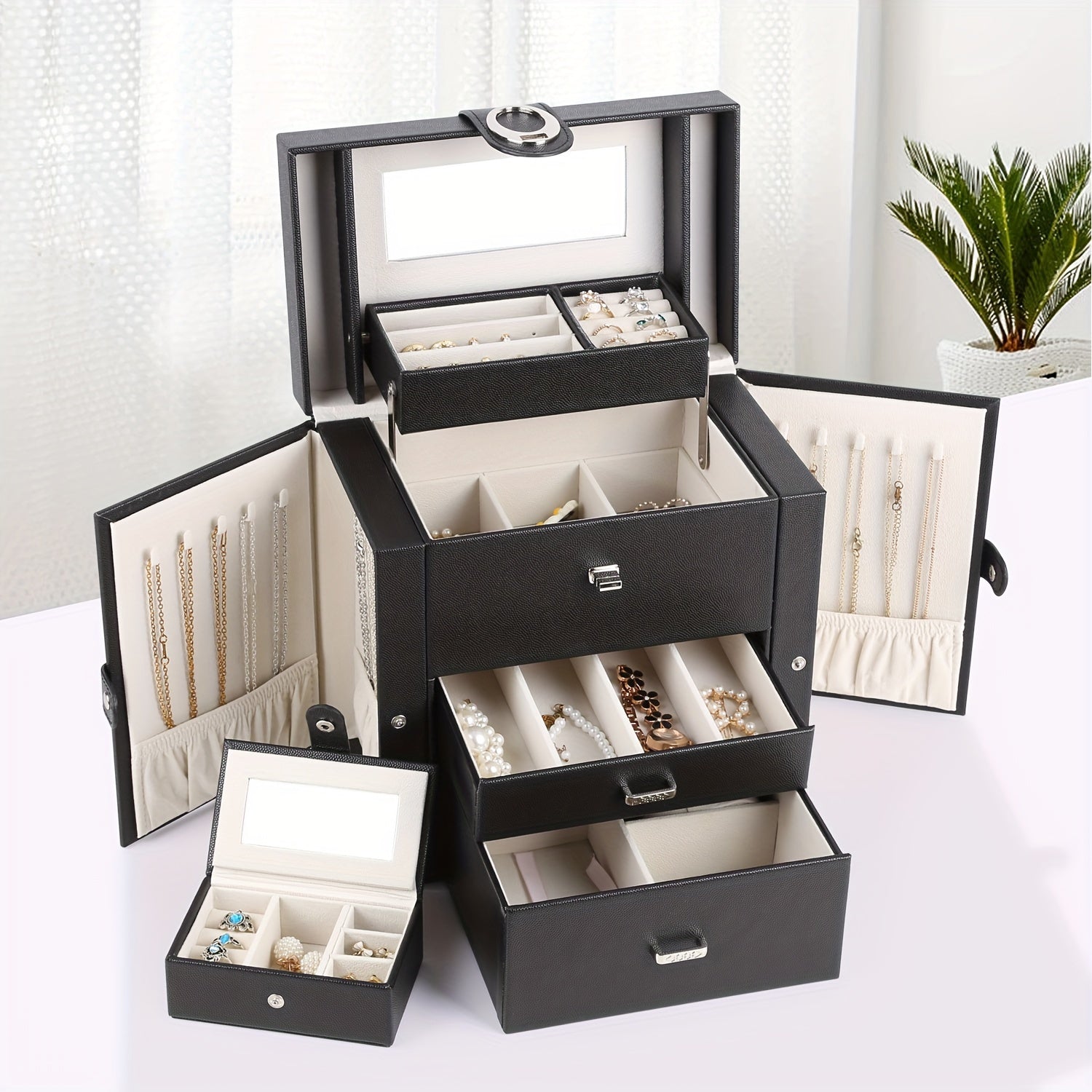 Women's Jewelry Box, Faux Leather Jewelry Storage Box with 2 Drawers and Mirror, Portable Travel Necklace, Ring Storage Box, Black