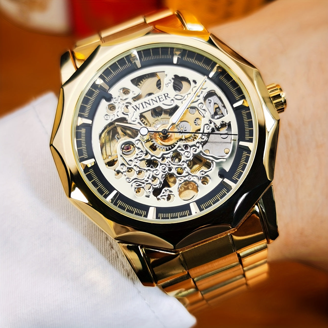 1pc Men's Luxury Golden Skeleton Automatic Mechanical Watch with Luminous Hands, Stainless Steel Band, And Unique Irregular Case - Elegant Business Casual Style, Perfect for Anniversary, Christmas, Valentine's Day, Or Birthday Gifts