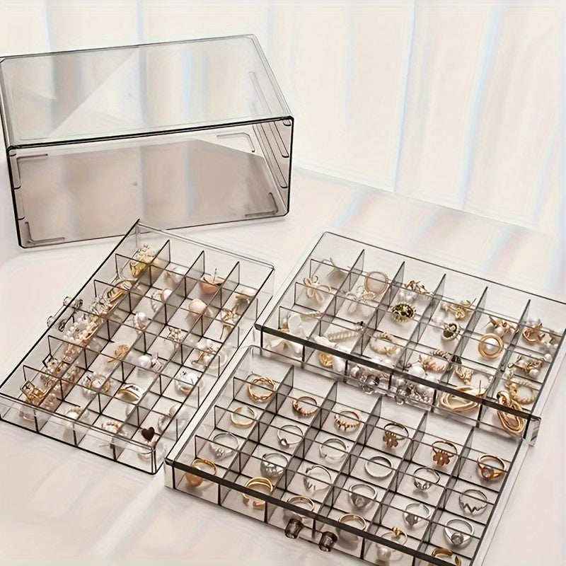 1pc Large-Capacity 3-Layer 72-Grid Ring Earrings Necklace Jewelry Storage Box with Buckle Closure And Classic Style - Spacious, Durable, And Easy-To-Use Plastic Organizer for Your Valuables