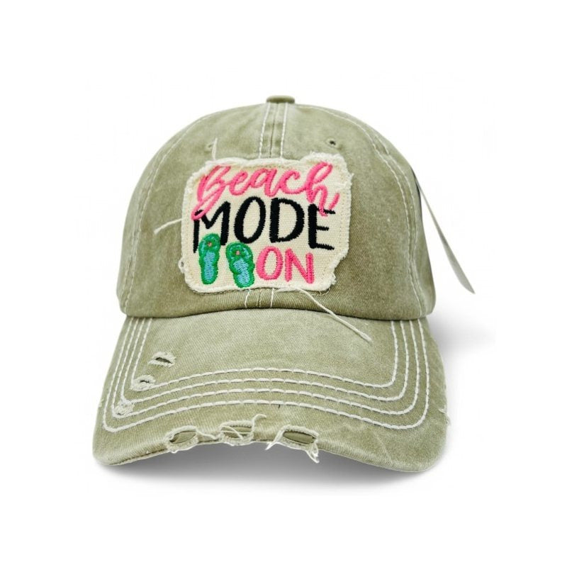 Beach Mode On Vintage Distressed Embroidered Baseball Cap For Women - 100% Cotton, Breathable, Casual, Adjustable, UV Protection