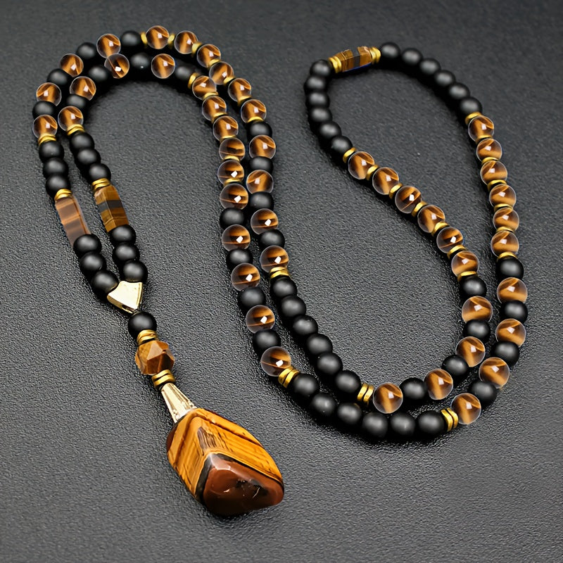 Stylish 8Mm Natural Stone Tiger Eye Pendant Necklace for Men - Adjustable Long Chain with Black Agate Beads - A Distinctive Christmas Gift Idea Featuring a Creative Natural Stone Necklace