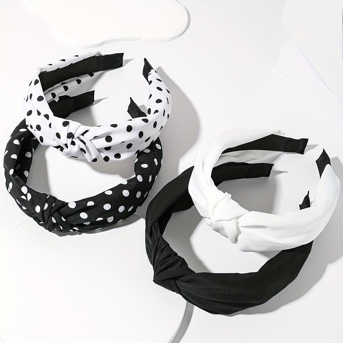 4pcs Women’s Knotted Headbands – Stylish Wide Brimmed Hair Accessories with Elegant Polka Dot Design in Black & White, Retro and Minimalist Look for Daily Wear, Cute Hair Accessories