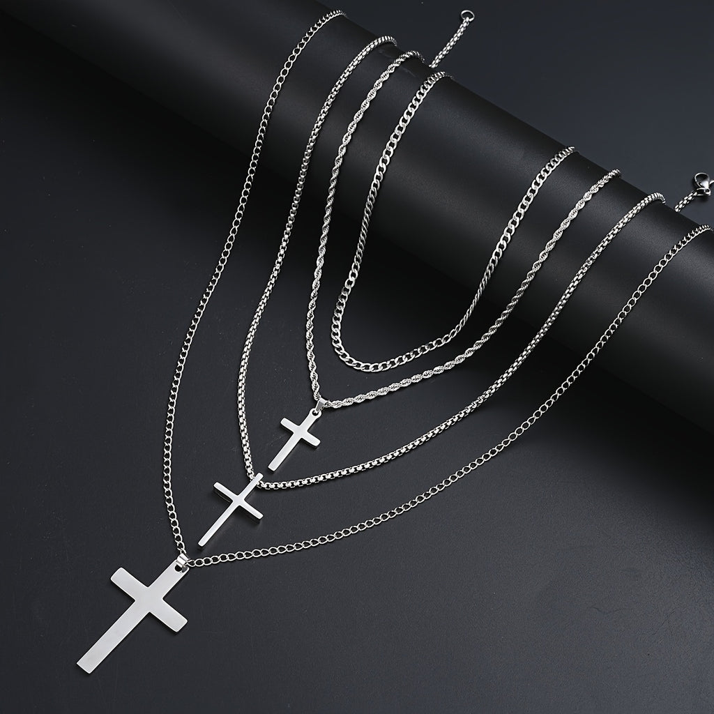 4pcs Men's Fashion Stainless Steel Cross Pendant Necklaces, Twisted Cuban Link Chain, Casual Streetwear, Vacation & Date Gift, Party Accessory, No Magnetic - 201 Stainless Steel