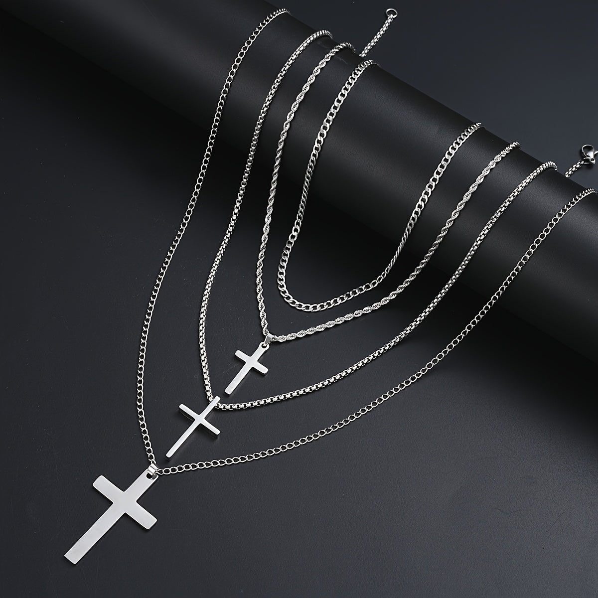 4pcs Men's Fashion Stainless Steel Cross Pendant Necklaces, Twisted Cuban Link Chain, Casual Streetwear, Vacation & Date Gift, Party Accessory, No Magnetic - 201 Stainless Steel