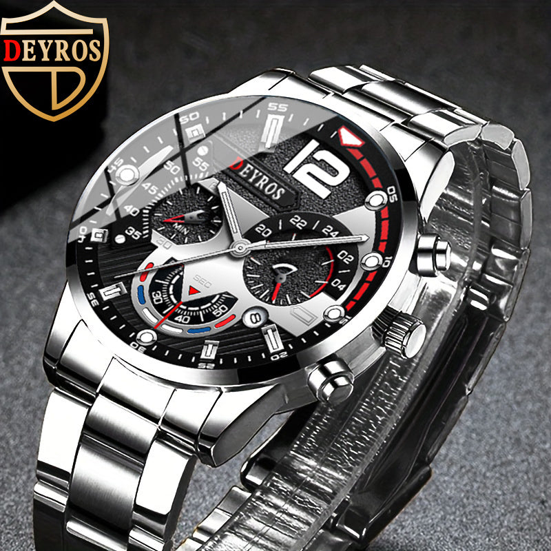 12pcs/Set Men Watch Set, Fashion Stainless Steel Strap Quartz Watches for Men, Classic Pointer Round Dial Date Display Men'S Wrist Watch Business Casual Men'S Watch Set Birthday Valentine'S Day Easter Perfect Gift, Reloj Para Hombre
