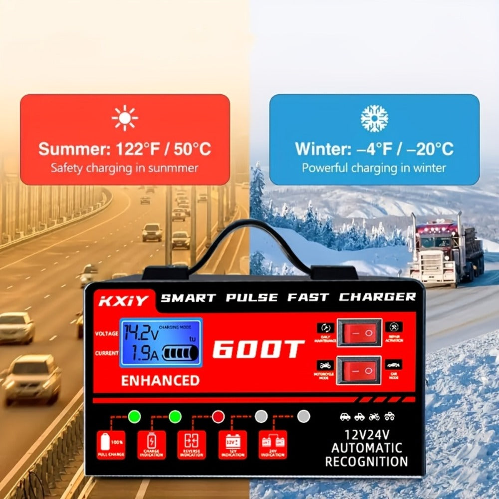 Advanced Smart Universal Battery Charger for 12V And 24V, with LCD Screen, Pulse Repair Function, And Temperature Regulation - Designed for Smart Trickle Charging Maintenance of Car, Truck, Harvester, Lawn Mower, Boat, And Motorcycle Batteries