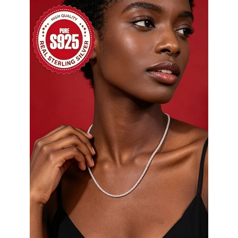 925 Sterling Silvery Twisted Rope Chain Necklace, Minimalist Hip-Hop Style, Elegant Women's Jewelry Accessory, February Birthstone, Valentine's Day Gift, Suitable for Casual Attire in All Seasons