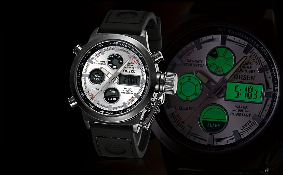 [Christmas Gifts] Men's Tactical Dual Time Army Green Analog Quartz Watch, Digital Sports Watch With Date Display, Alarm, Whole Time Chime, LED Lights, Suitable For Casual Business Outdoor Wear, Sports Enthusiasts' Watches, Christmas Gifts