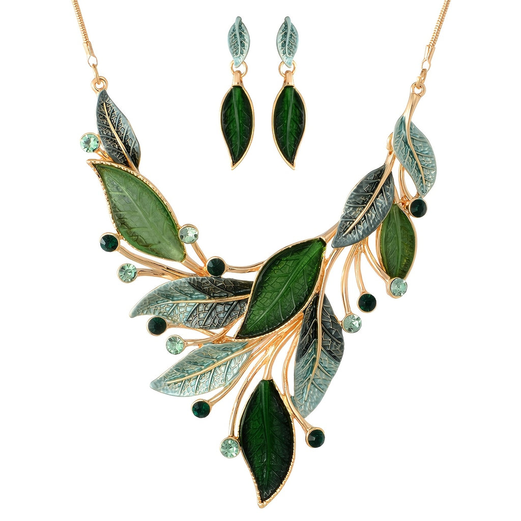 Vintage Chunky Statement Jewelry Set - 18k Golden Plated Retro Spring Green Leaf Floral Bohemian Boho Bib Necklace Earring Set Fashion Jewelry For Women Wedding Party Prom Unique Gift Band Box Christmas Thanksgiving