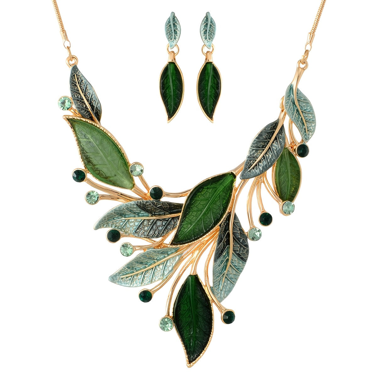 Vintage Chunky Statement Jewelry Set - 18k Golden Plated Retro Spring Green Leaf Floral Bohemian Boho Bib Necklace Earring Set Fashion Jewelry For Women Wedding Party Prom Unique Gift Band Box Christmas Thanksgiving
