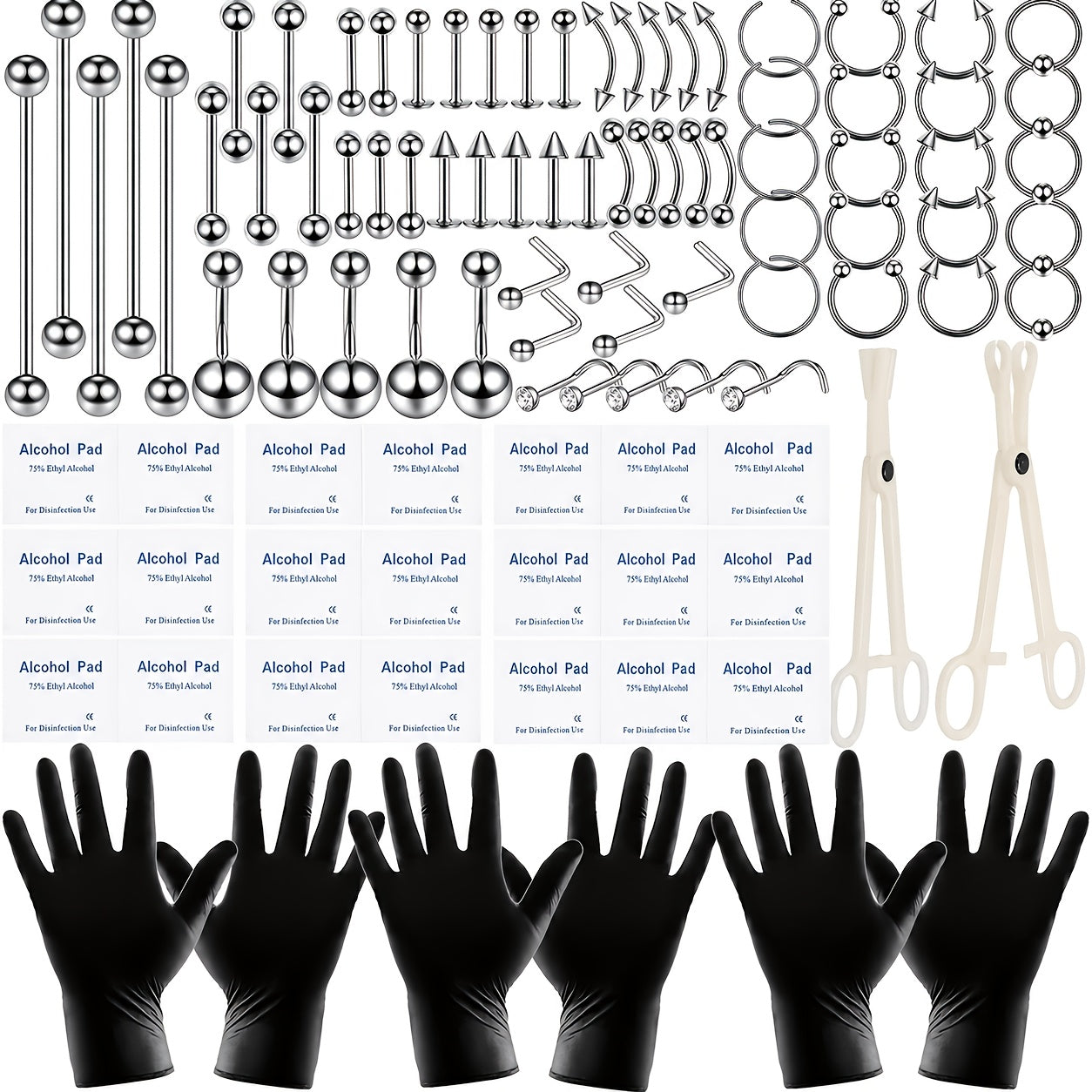[120pcs Piercing Kit] Local Warehouse 120pcs Professional Body Piercing Kit - Stainless Steel 14G 16G Jewelry - Belly Nose Lip Septum Rings - Tool Set