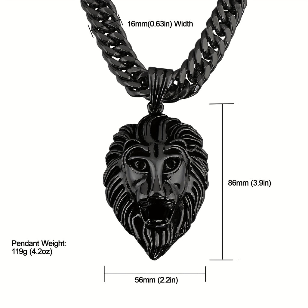 Majestic Lion Head Pendant Necklace Durable Stainless Steel Cuban Chain Fashion Black End Men'S Bold Statement Jewelry